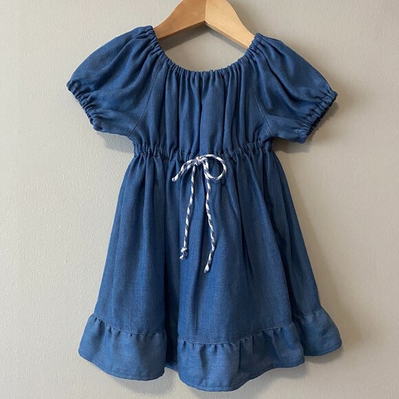 Handmade Children's Blue Upcycled Lyocell Front Tie Ruffle Dress - Picture 1 of 14